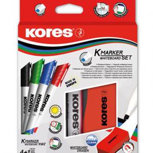 Filctoll Szett Whiteboard táblához, színes - Kores (4db/szett), mágneses táblatörlővel