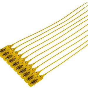 Plomba. Fémbetétes biztonsági sorszámozott, vonalkóddal. 38 cm, szálhossz. Sárga szín.