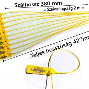 Plomba. Fémbetétes biztonsági sorszámozott, vonalkóddal. 38 cm, szálhossz. Sárga szín.