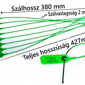 Plomba. Fémbetétes biztonsági sorszámozott, vonalkóddal. 38 cm, szálhossz. Zöld szín.