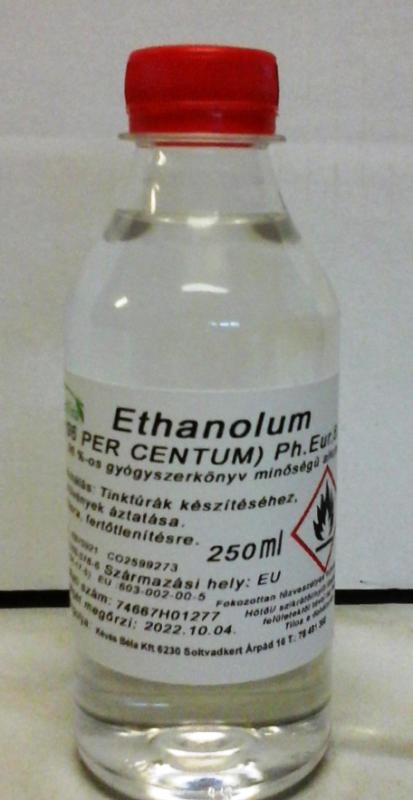Gyógyszertári alkohol 250 ml tiszta szesz  96 %-os gyógyszerkönyvi minőségü etanol. (ár/db)