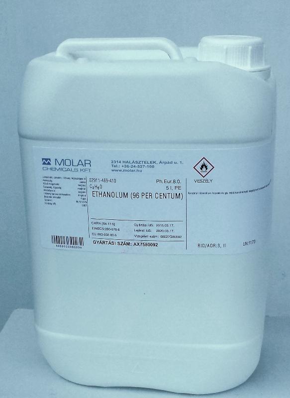 Gyógyszertári alkohol 5 liter -es (ár/1 liter) tiszta szesz  96 %-os etanol