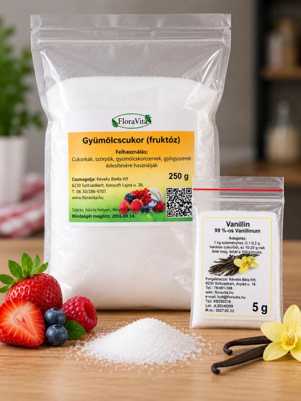 Gyümölcscukor 250g fruktóz gyógyszerkönyvi, élelmiszer minőség + 5 g vanillin 99 %-os vanillia