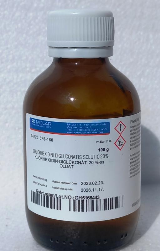 KLÓRHEXIDIN-DIGLÜKONÁT 20 %-os oldat. 100 g Gyógyszerkönyvi minőség.