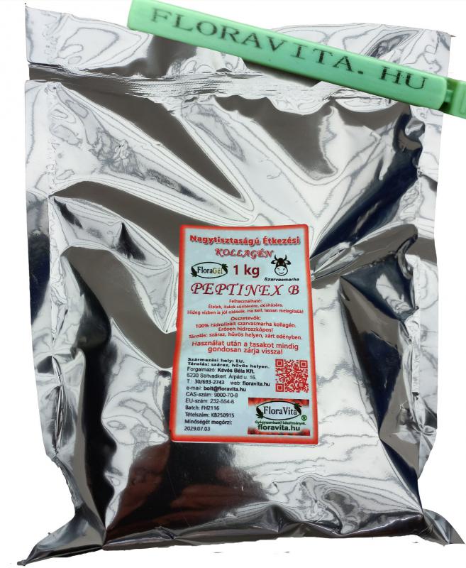 Kollagén PEPTINEX B 1 kg. Tasakzáró csipesszel. Teljesen hidrolizált szarvasmarha. Nagy tisztaságú étkezési.