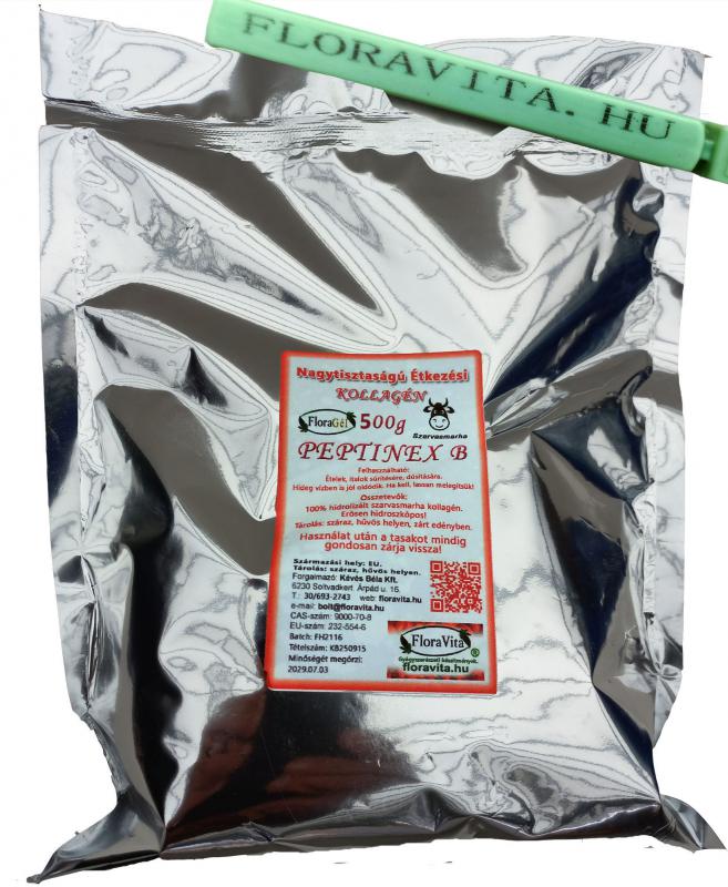 Kollagén PEPTINEX B 500g. Tasakzáró csipesszel. Teljesen hidrolizált szarvasmarha. Nagy tisztaságú étkezési.