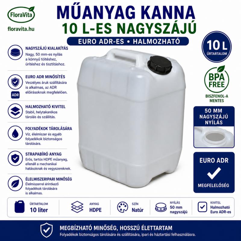 Műanyag kanna 10 l-es nagyszájú Euro ADR-es halmozható. 500 gramm, + 1 db kupak 20 gramm.