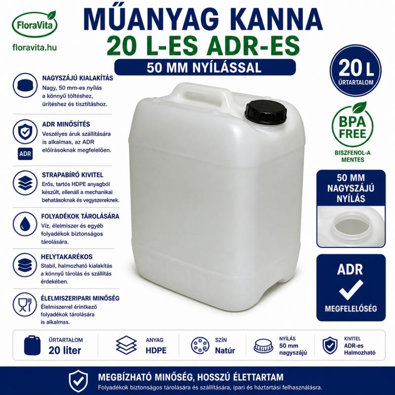 Műanyag kanna 20 l-es ADR-es 50 mm nyílással. 1000 gramm, + 1 db kupak 20 gramm.
