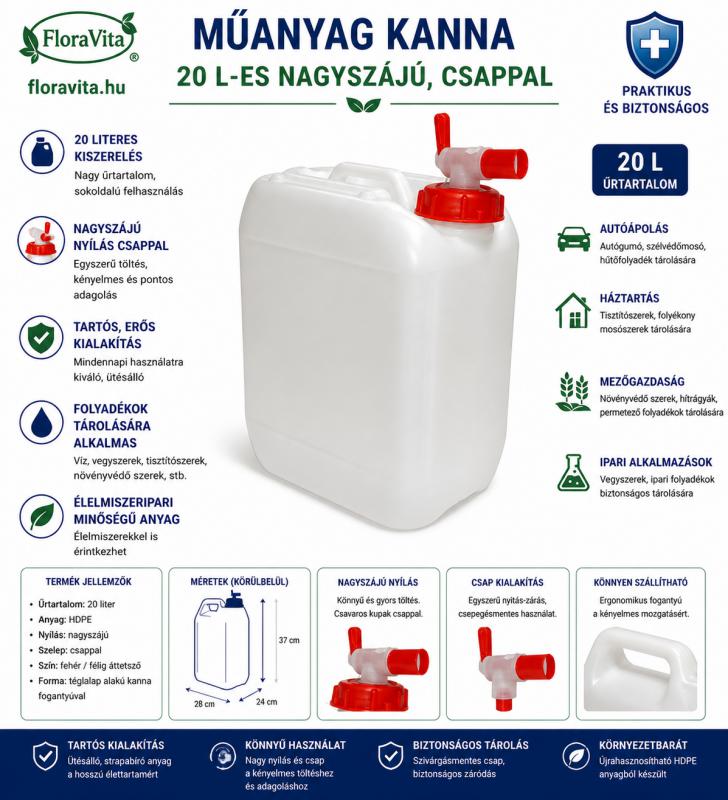 Műanyag kanna 20 l-es, nagyszájú, csappal. 830 gramm, + 2 db kupak 20 gramm, + csap 55g.