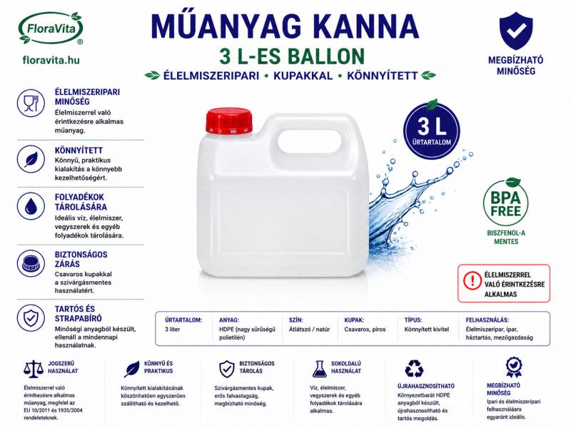 Műanyag kanna 3 literes ballon. 150 gramm, + 1 db kupak 6 gramm.