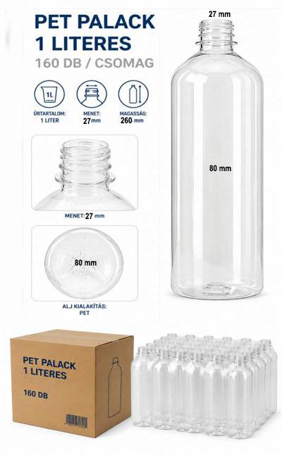 Pet palack 1 literes, 160 db / csomag, ár/db. 35 gramm / db.
