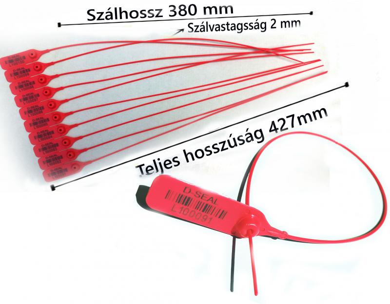 Plomba. Fémbetétes biztonsági sorszámozott, vonalkóddal. 38 cm, szálhossz. Piros szín.