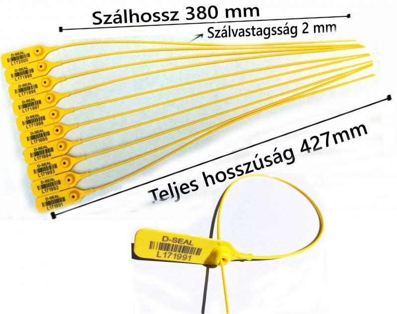 Plomba. Fémbetétes biztonsági sorszámozott, vonalkóddal. 38 cm, szálhossz. Sárga szín.