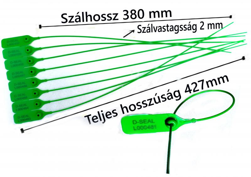 Plomba. Fémbetétes biztonsági sorszámozott, vonalkóddal. 38 cm, szálhossz. Zöld szín.