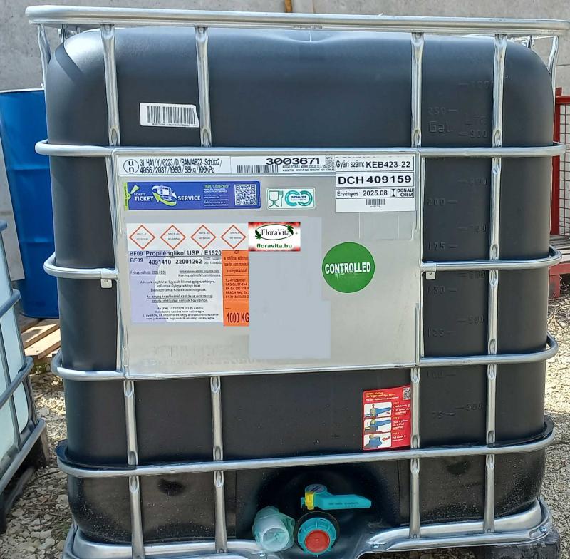 Propilén-glikol Gyógyszerkönyvi minőség. 1000 kg-os, 1 IBC a minimum rendelés.  Házhozszállítás, tartály belföldre ingyenes.