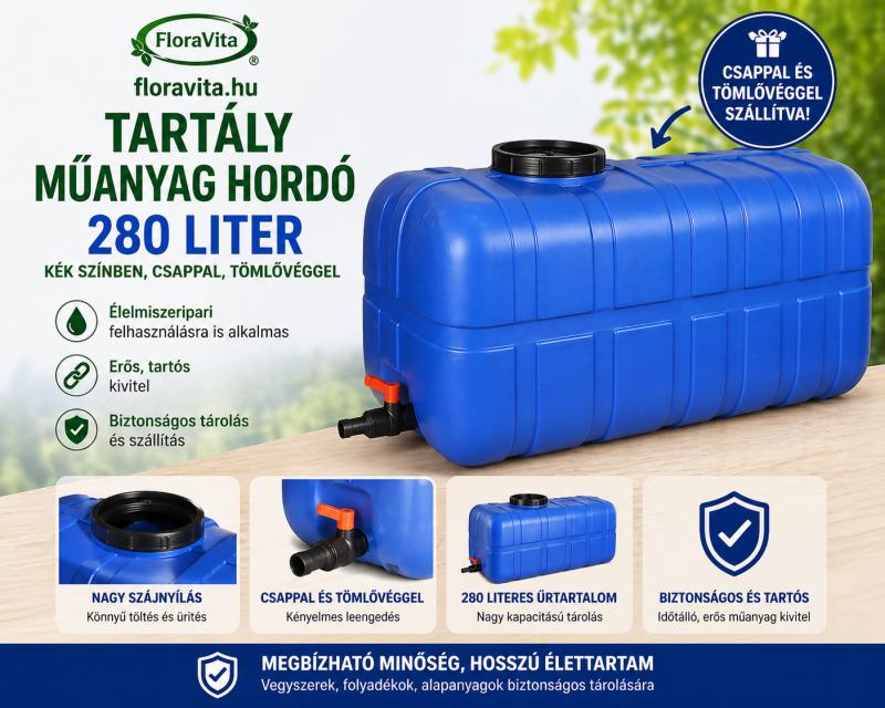 Tartály műanyag hordó 280 liter kék/zöld szín, szögletes csappal, tömlővéggel.