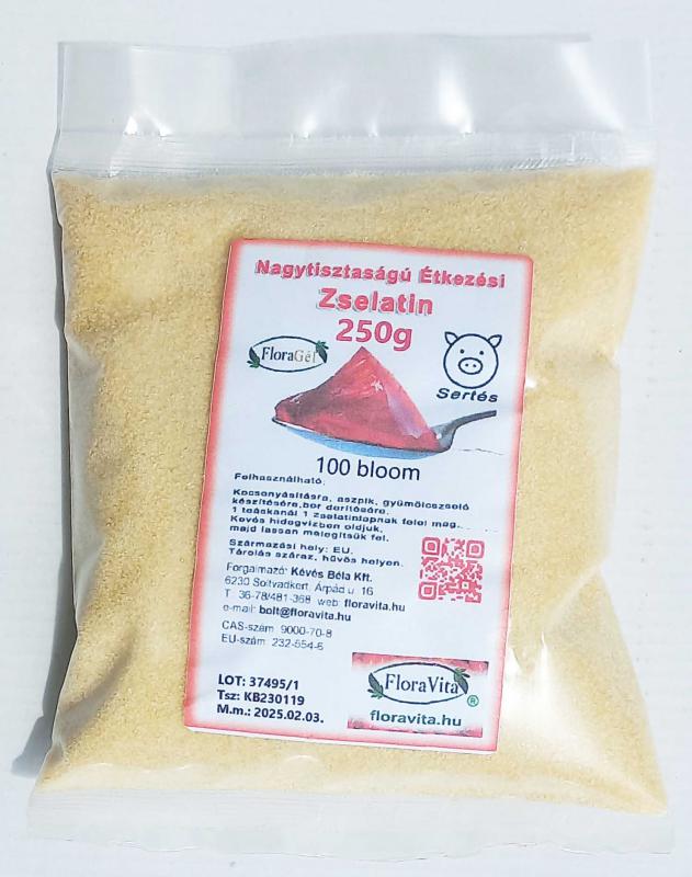 Zselatin sertés FloraGél 100 bloom 250g Nagy tisztaságú étkezési. Részben hidrolizált kollagén