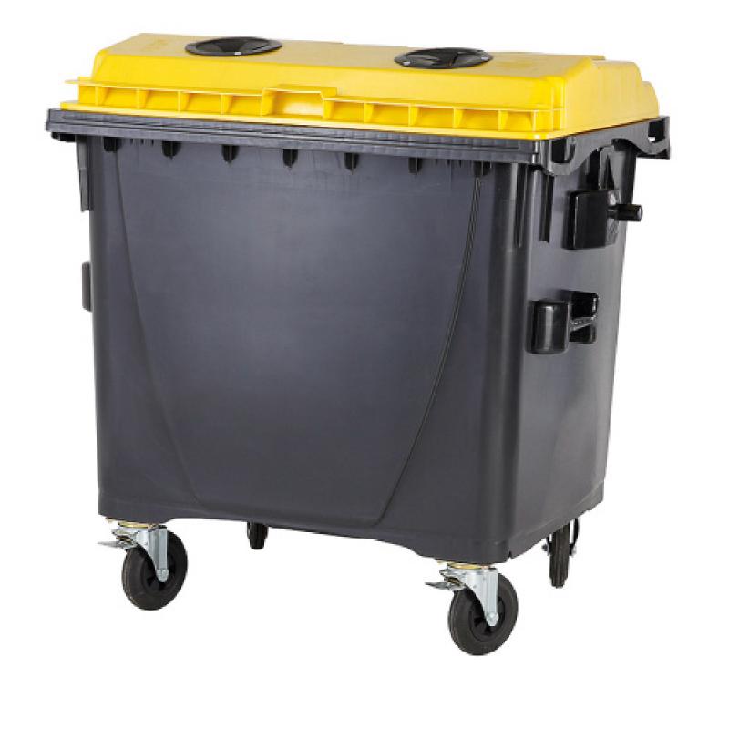 konténer 1100 l fekete sárga műanyag gyűjtő lapos fedéllel