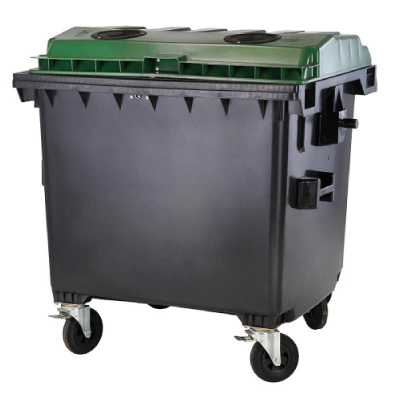 konténer 1100 literes szelektív műanyag, zöld, lapos fedéllel üveggyűjtő, zárral
