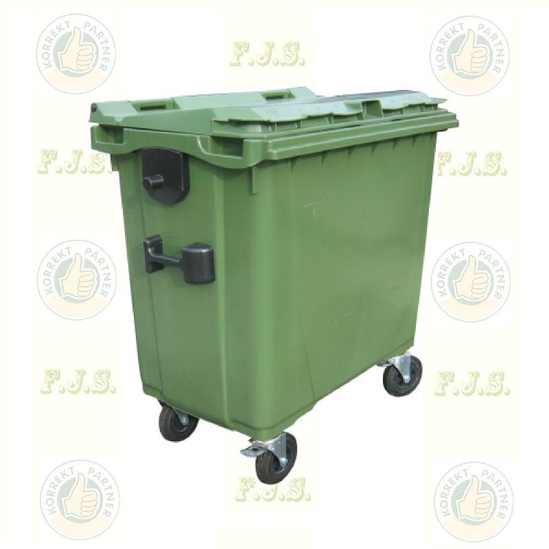 konténer 660 literes zöld műanyag, lapos fedéllel