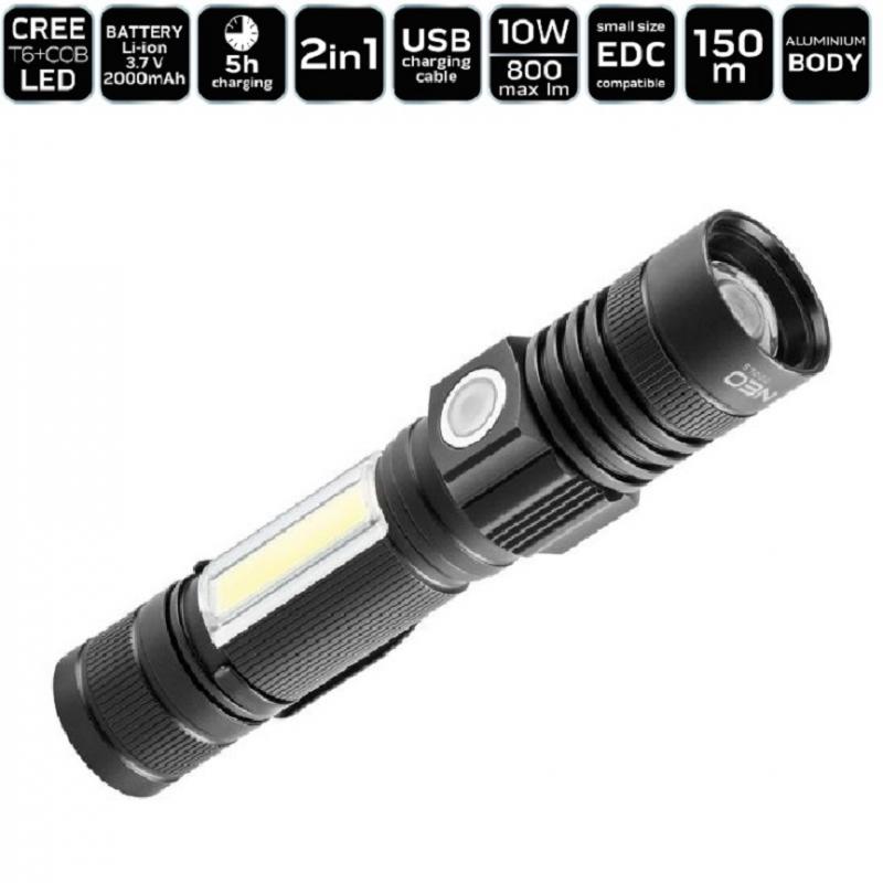 NEO Zseblámpa, tölthető, 2 funkciós, USB töltő, CREE T6 LED 99-033