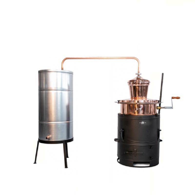 Pálinkafőző 100 L keverővel, billenős, bilincses zárással, horg. spirálcsöves 200L-es hűtővel
