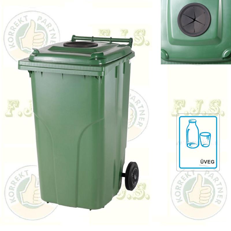 Szelektív Kuka 120 literes zöld, üveghulladék-gyűjtő háztartási szemetes CE Kerekes 120 l