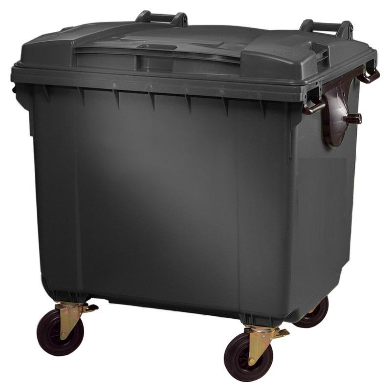 Szemetes konténer 1100 L antracit szürke műanyag lapos fedelű CE