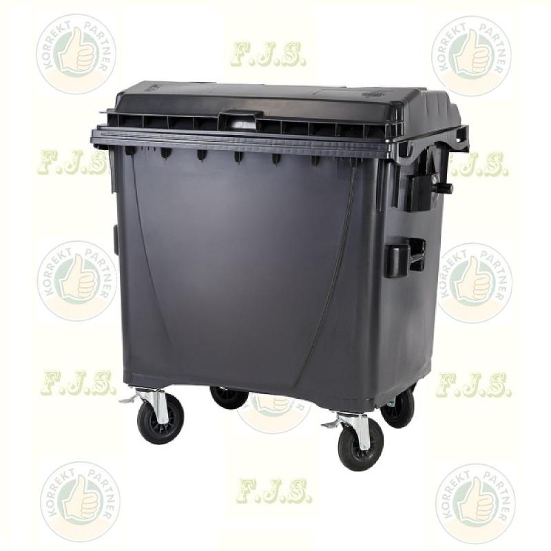 szemetes konténer 1100 l műanyag fekete lapos fedéllel