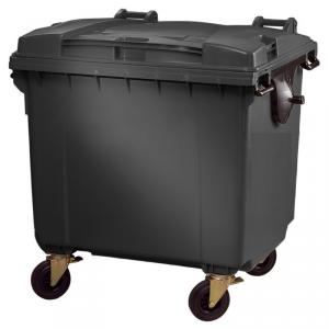 Szemetes konténer 1100 L antracit szürke műanyag lapos fedelű CE