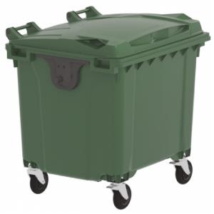 Szemetes konténer 1100 L zöld műanyag lapos fedelű CE