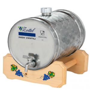 Tartály fa állványon 16L csappal rozsdamentes élelmiszeripari acél hordó