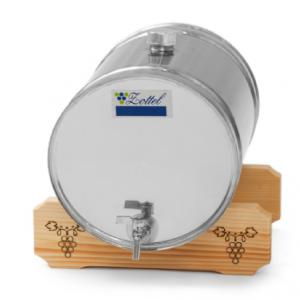 Tartály fa állványon 30L csappal rozsdamentes élelmiszeripari acél hordó