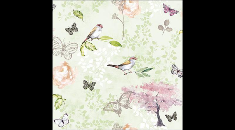 AMB.13319512 Birds and butterflies green, papírszalvéta 33x33cm, 20db-os