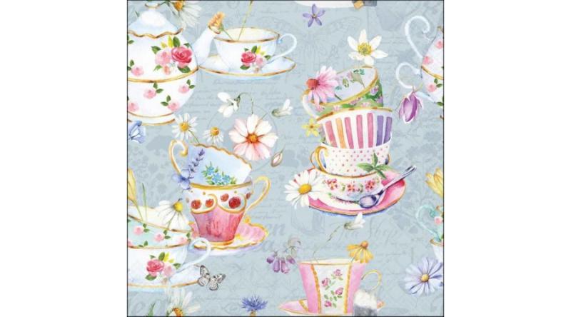 AMB.13320700 Tea cups blue papírszalvéta 33x33cm, 20db-os