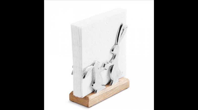 AMB.19402475 Fém szalvétatartó fa aljjal,álló, kisnyuszi nagynyuszival forma