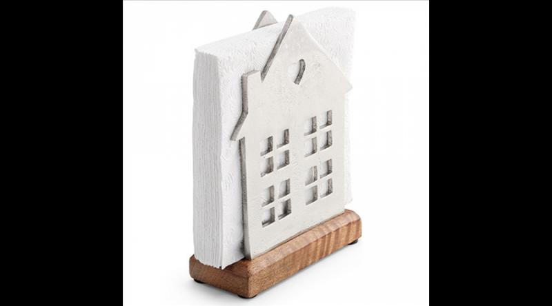 AMB.19402505 Fém szalvétatartó fa aljjal,álló, ház forma