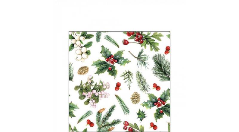 AMB.32516495 Winter greenery white papírszalvéta 25x25cm, 20db-os