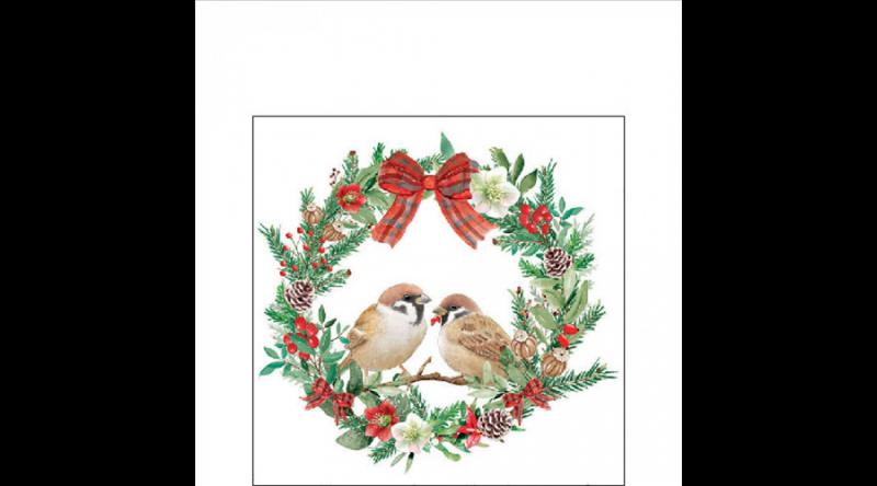 AMB.32518870 Sparrows in wreath papírszalvéta 25x25cm, 20db-os