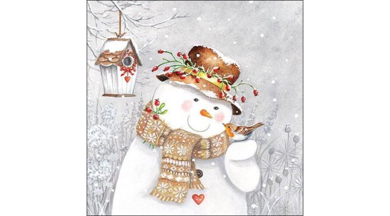 AMB.33311940 Snowman Holding Robin papírszalvéta 33x33cm,20db-os