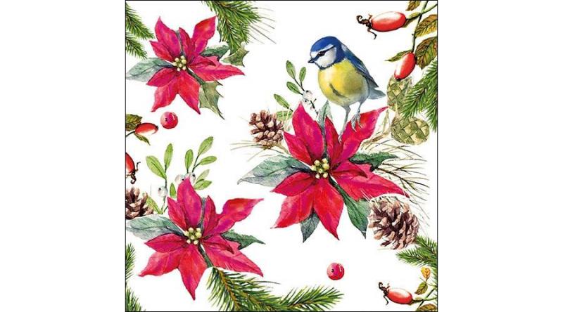 AMB.33314640 Bird on Poinsettia white papírszalvéta 33x33cm, 20db-os