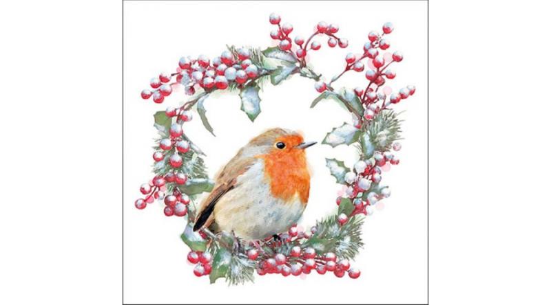 AMB.33315535 Robin In Wreath papírszalvéta 33x33cm, 20db-os