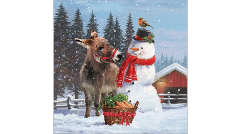 AMB.33317885 Donkey with snowman papírszalvéta 33x33cm, 20db-os