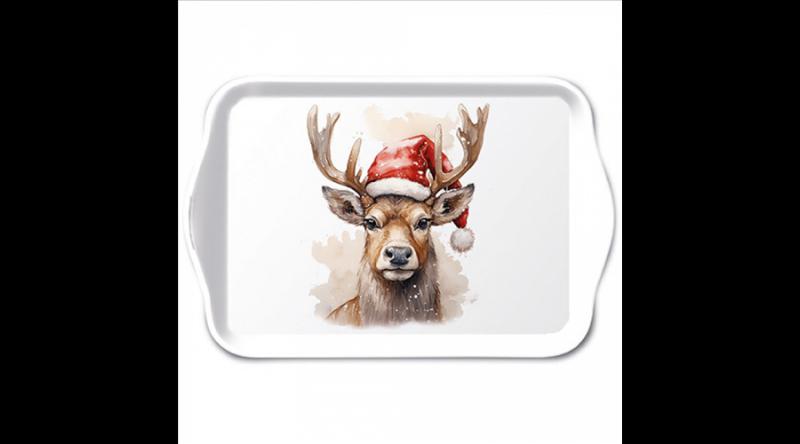 AMB.33720280 Deer with Santa hat white műanyag kistálca 13x21cm