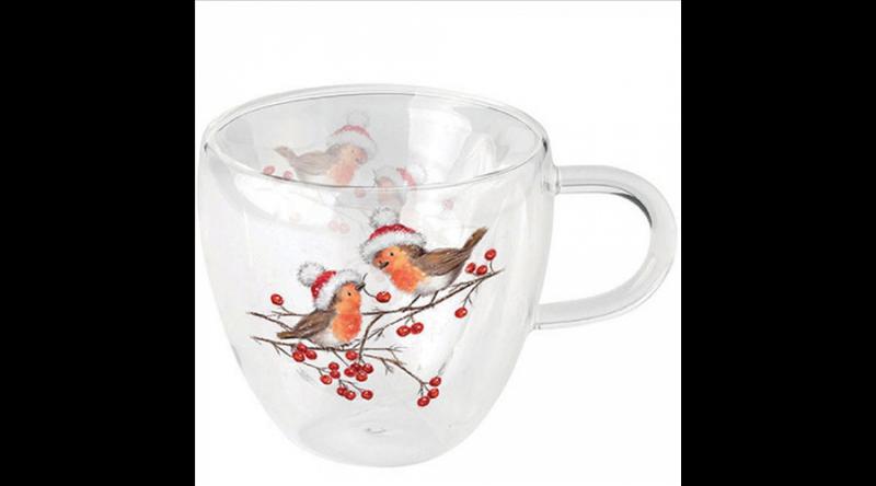 AMB.34418865 Christmas robins white duplafalú borosilicate üvegcsésze 0,25L