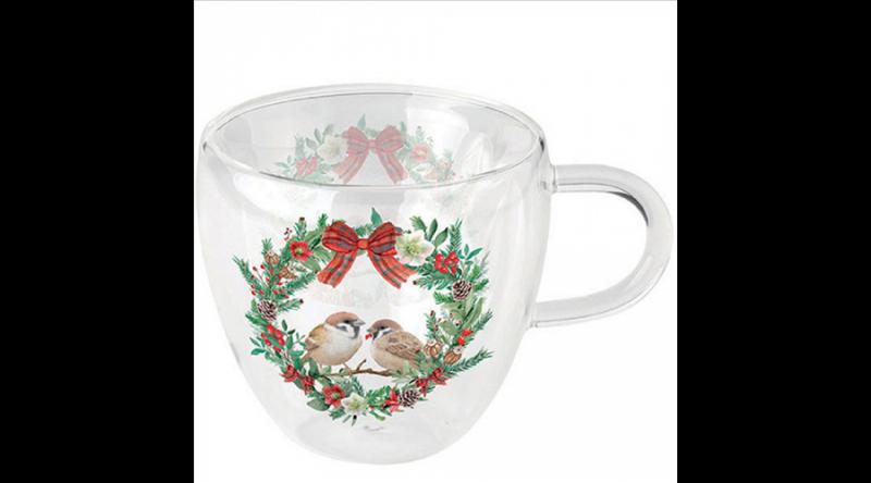 AMB.34418870 Sparrows in wreath duplafalú borosilicate üvegcsésze 0,25L