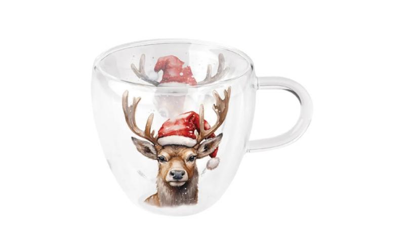 AMB.34420280 Deer with Santa hat white duplafalú borosilicate üvegcsésze 0,25L