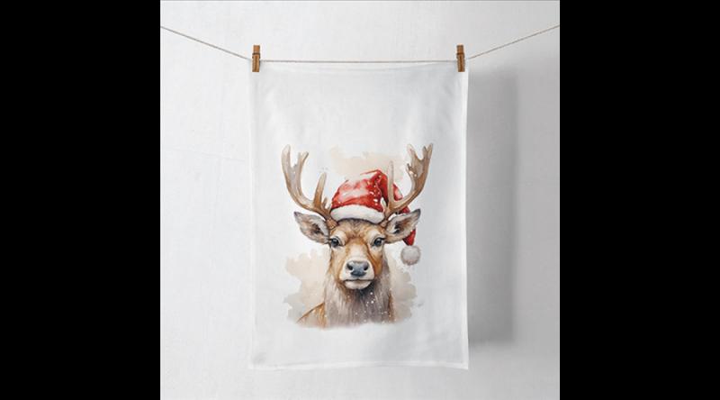 AMB.37820280 Deer with Santa hat white konyharuha 50x70cm, 100% pamut