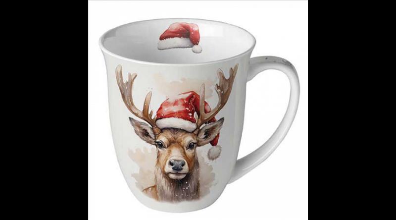 AMB.38420280 Deer with Santa hat white porcelánbögre 0,4l