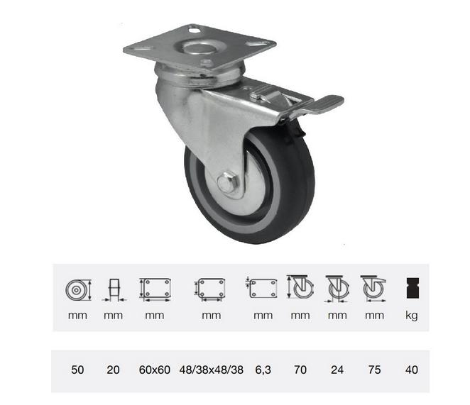 BDPE 0501 1001, Forgó-fékes kerék, 50 mm, 40 kg teherbírás, talpas felfogatás